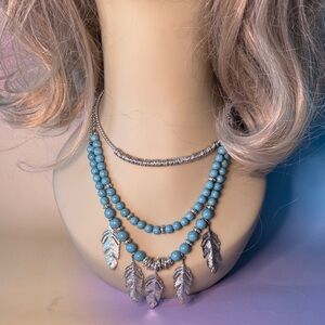 Chic Silver and Blue Feather Necklace